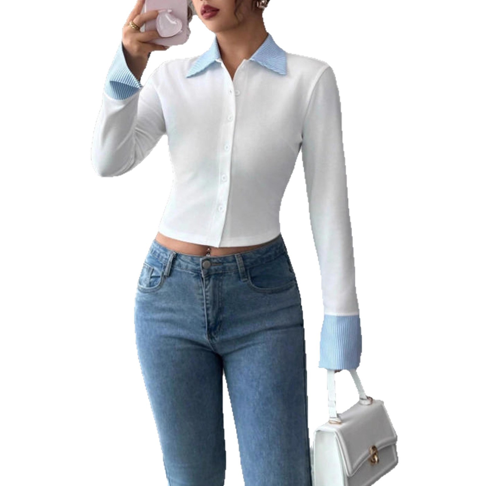 Women's Slimming Lapel Long Sleeve Fake Two-Piece Shirt - Image 5