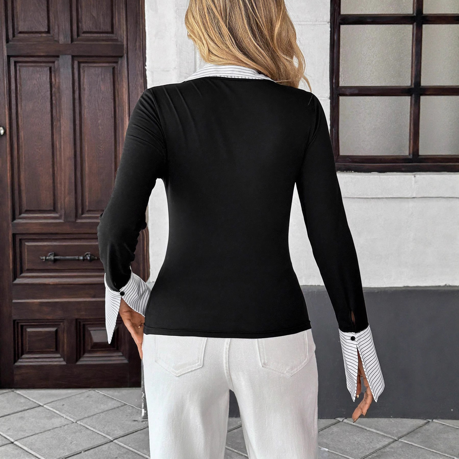 Women's Knit Fake Two-Piece Long Sleeve T-Shirt - Image 2