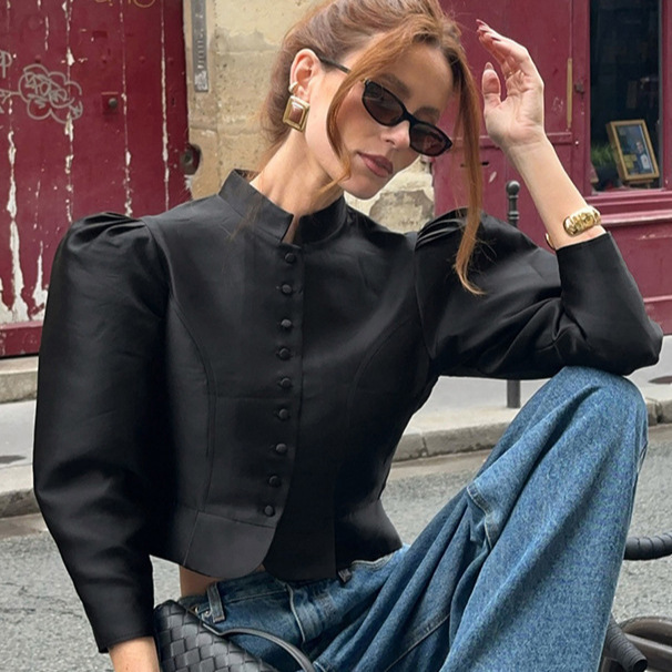 Women's Stand Collar Puff Sleeve Elegant Shirt - Image 2