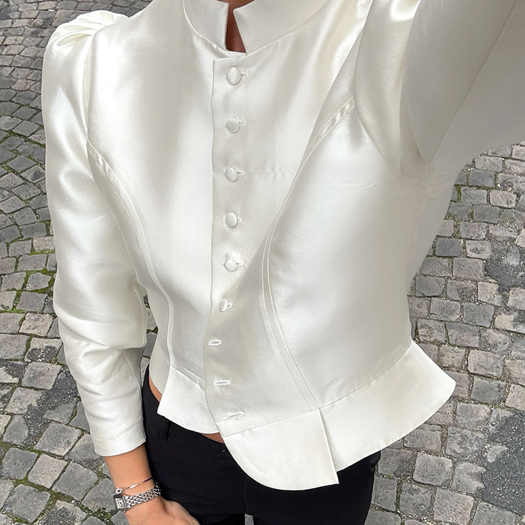 Women's Stand Collar Puff Sleeve Elegant Shirt - Image 3