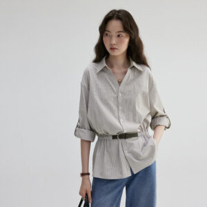 V-neck Waist-cinching Striped Loose Shirt For Women