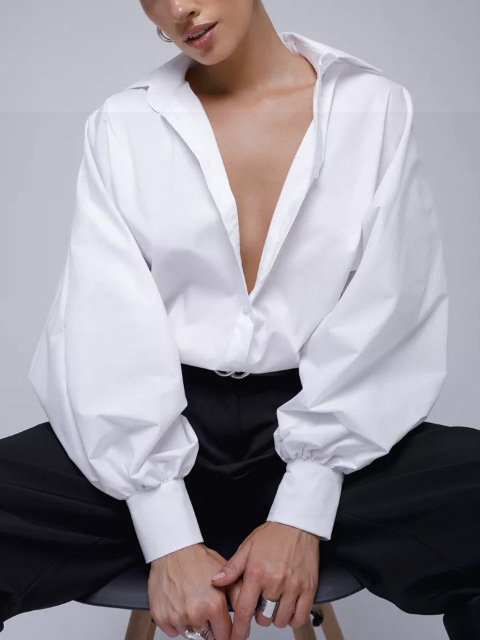 Retro Elegant Bubble Sleeve V-neck Top Shirt Sexy Casual Blouse Women - Image 3