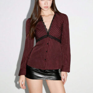 European And American Sexy Lace Long-sleeved Shirt Slim Stripe Women