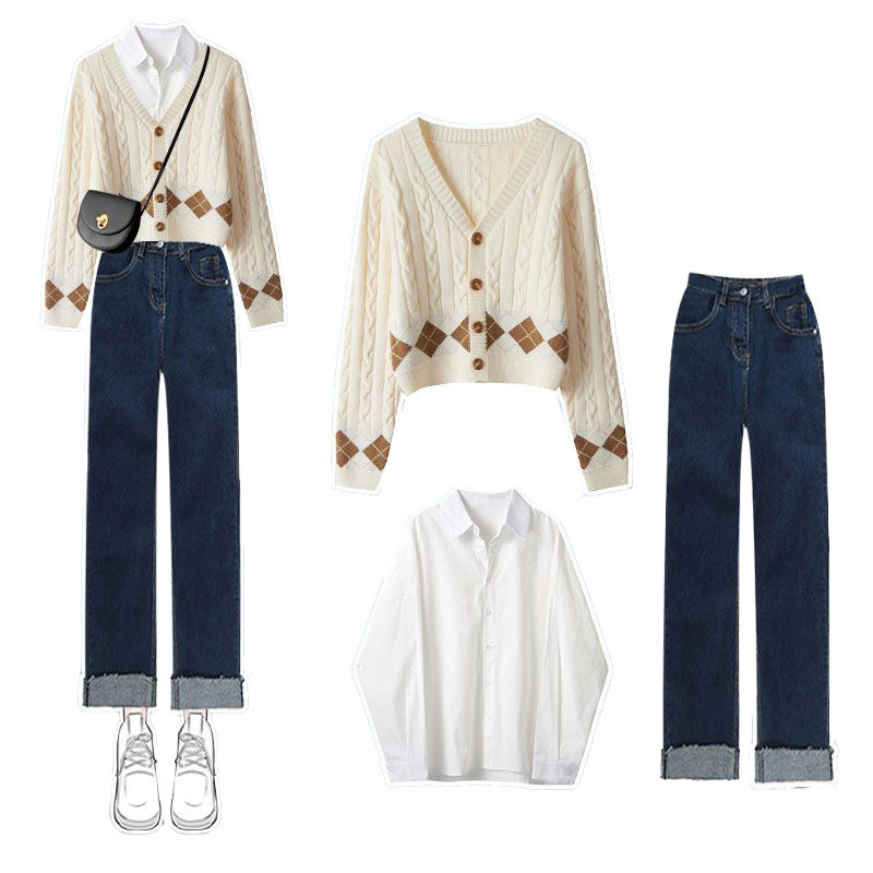 Knitted Cardigan Slimming Jeans Three-piece Set - Image 2