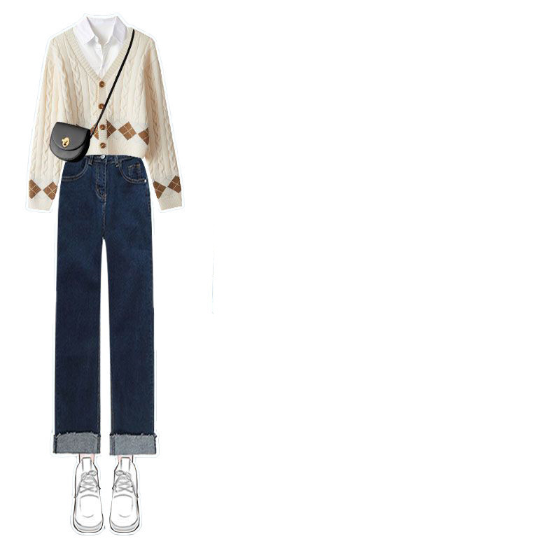 Knitted Cardigan Slimming Jeans Three-piece Set - Image 6