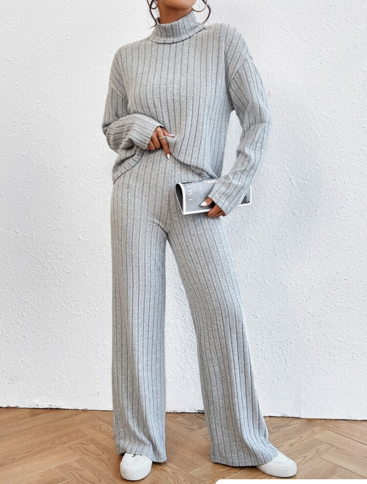 Turtleneck Long Sleeve Sunken Stripe Loose Wide Leg Pants Two-piece Set - Image 2