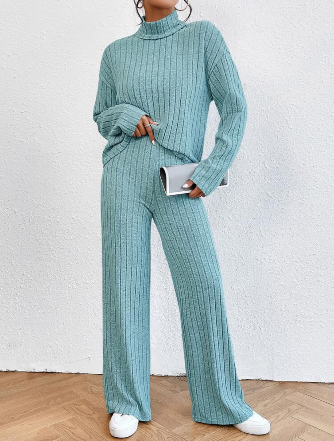 Turtleneck Long Sleeve Sunken Stripe Loose Wide Leg Pants Two-piece Set - Image 3