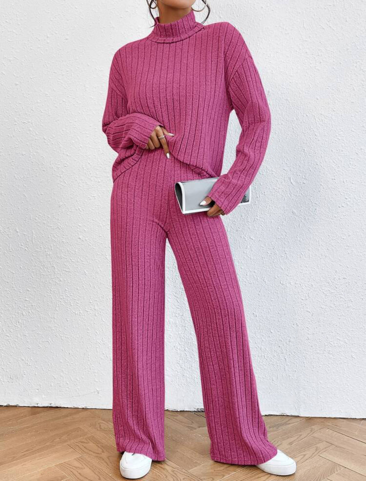 Turtleneck Long Sleeve Sunken Stripe Loose Wide Leg Pants Two-piece Set - Image 4