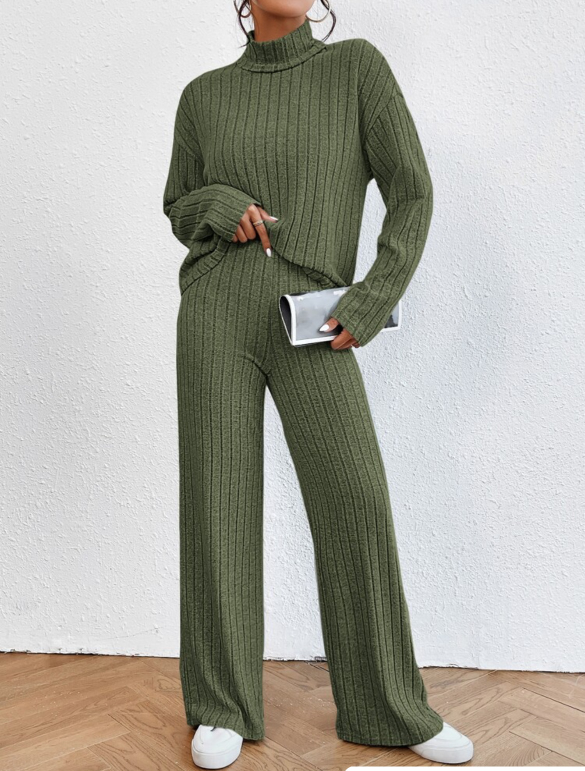 Turtleneck Long Sleeve Sunken Stripe Loose Wide Leg Pants Two-piece Set - Image 5