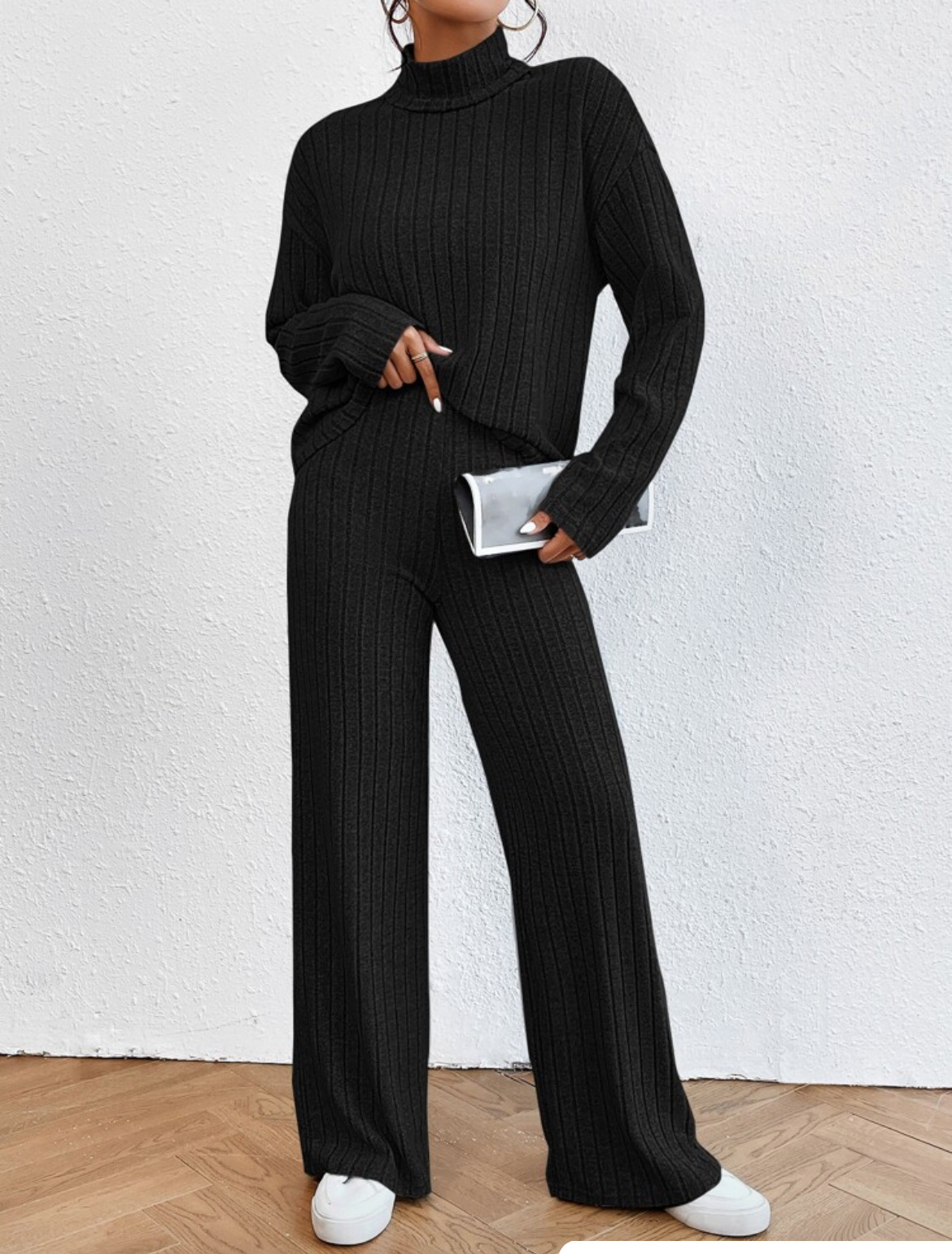 Turtleneck Long Sleeve Sunken Stripe Loose Wide Leg Pants Two-piece Set - Image 6
