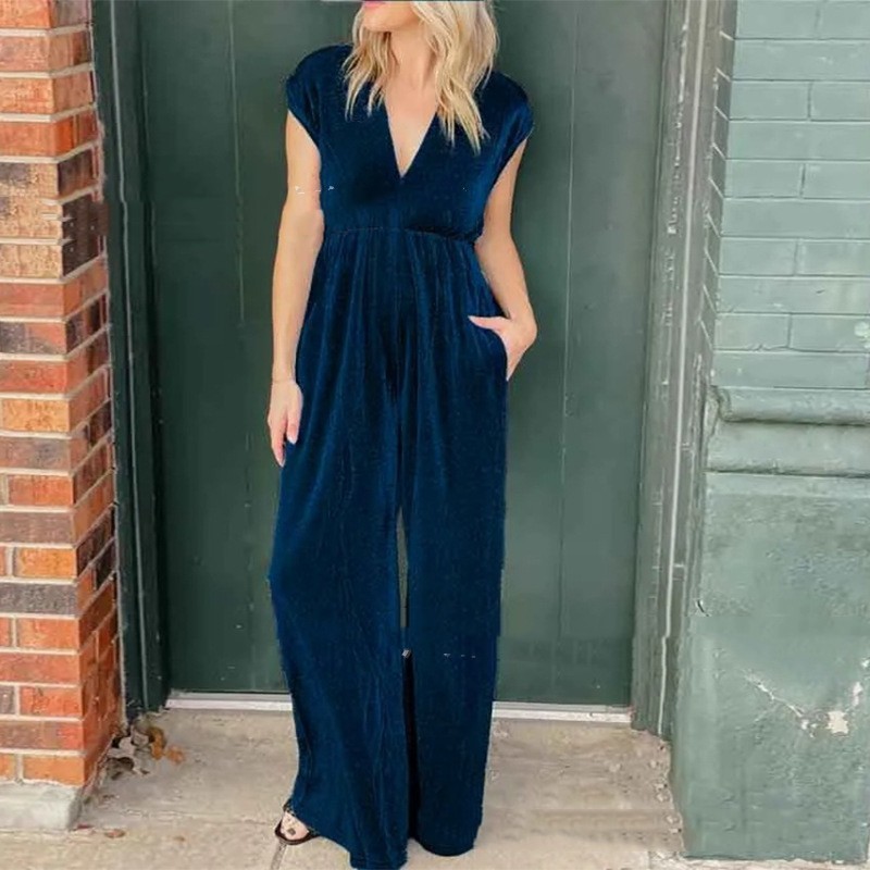 V-neck Short-sleeved High Waist Long Jumpsuit - Image 3