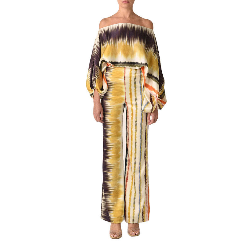 Summer Women's Clothing Printed Round Neck Loose Batwing Sleeve Waist Wide Leg Pants Fashion Casual Set - Image 2