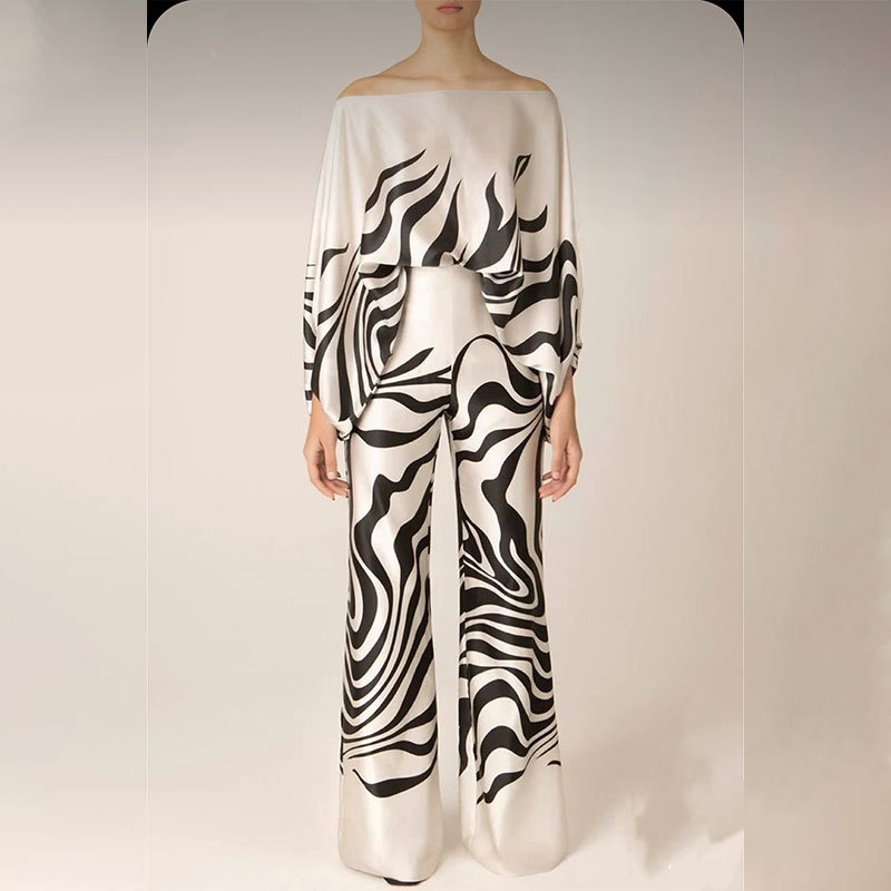 Summer Women's Clothing Printed Round Neck Loose Batwing Sleeve Waist Wide Leg Pants Fashion Casual Set - Image 4