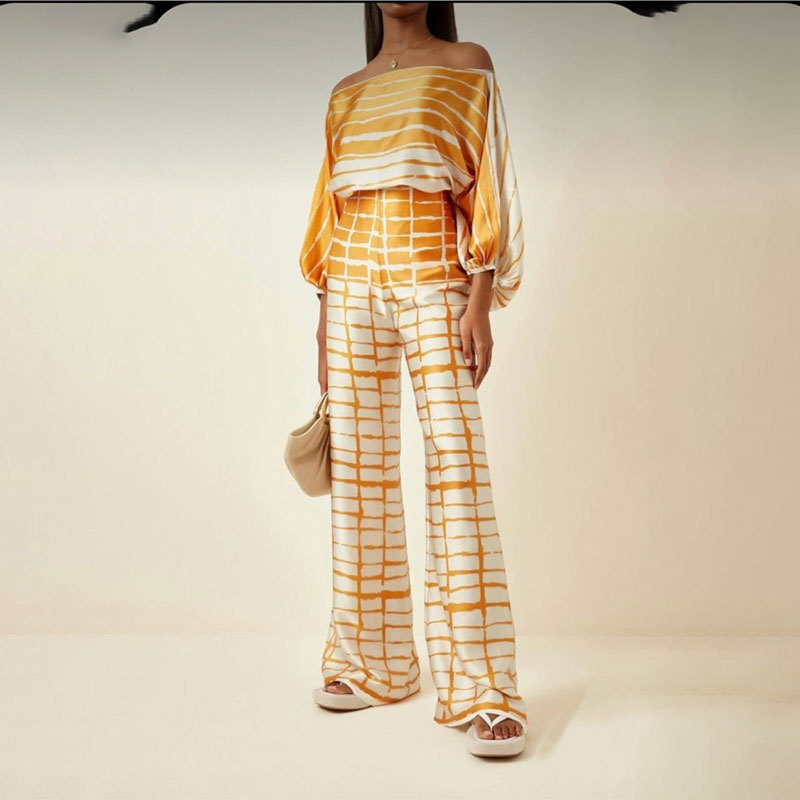 Summer Women's Clothing Printed Round Neck Loose Batwing Sleeve Waist Wide Leg Pants Fashion Casual Set - Image 6