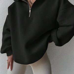 Women Plain Front Zipper Long Sleeve Simple Hoodie