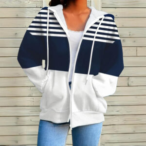 Plus Size Women's Long Sleeve Drawstring Hooded Sweatshirt With Color Block Stripes & Zip Front Pocket For Spring Fall