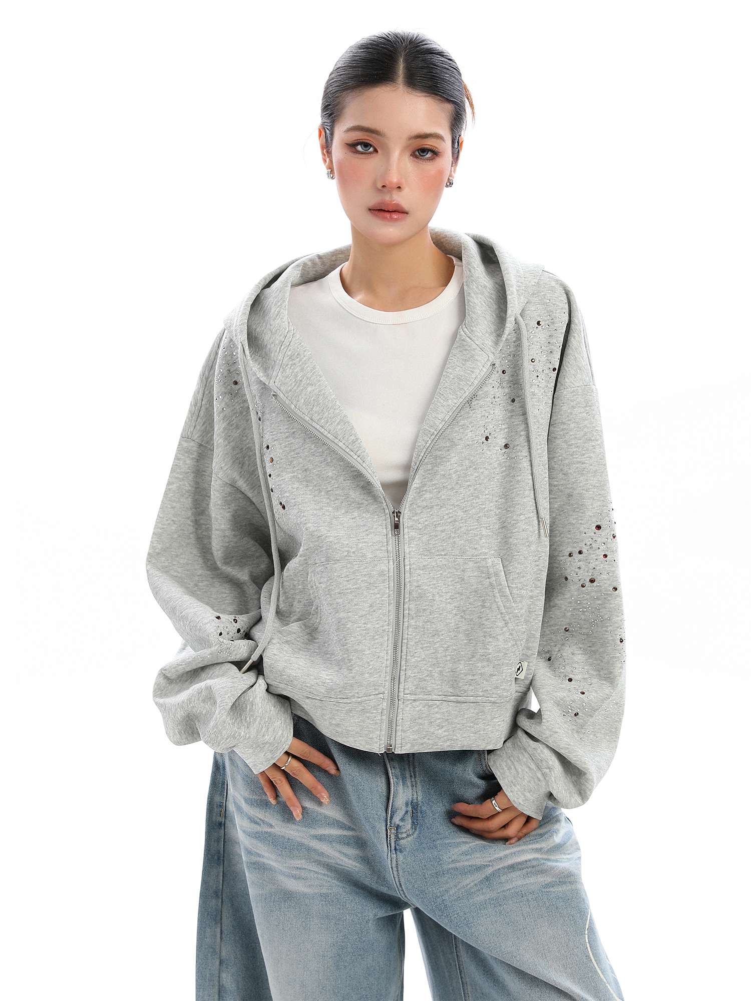 Starry Rhinestone Hooded Sweater For Women Zipper Cardigan Outerwear - Image 2