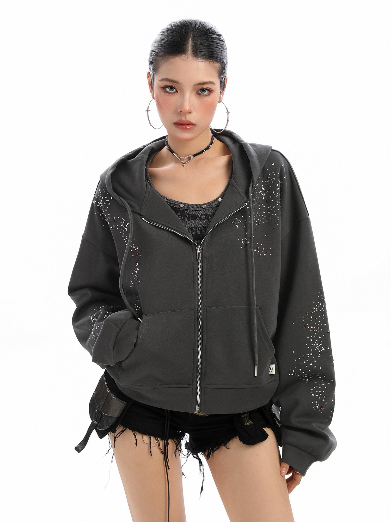 Starry Rhinestone Hooded Sweater For Women Zipper Cardigan Outerwear - Image 5