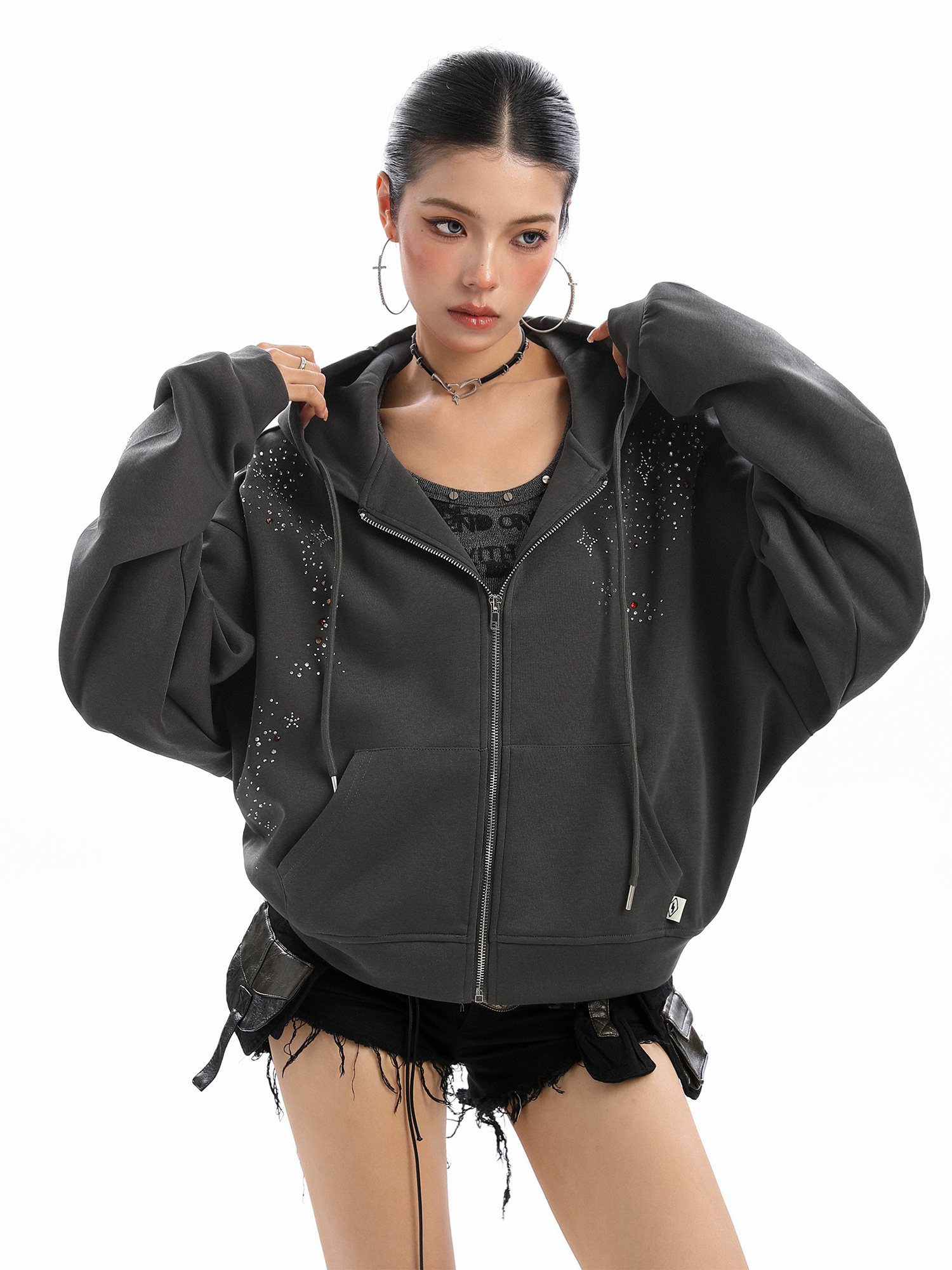 Starry Rhinestone Hooded Sweater For Women Zipper Cardigan Outerwear - Image 6