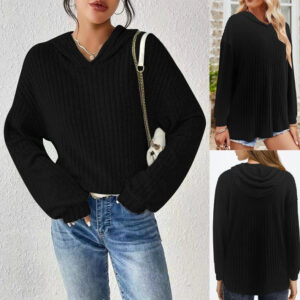 Loose-fitting Solid Color Long Sleeves Casual Sunken Stripe Hooded Sweater