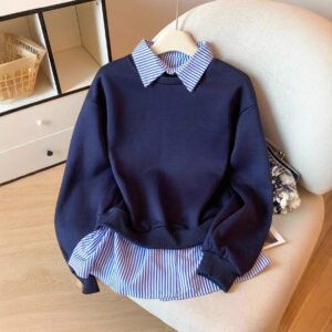 European And American Stripe Patchwork Fake Two-piece Women's Hooded Long-sleeved Sweatshirt