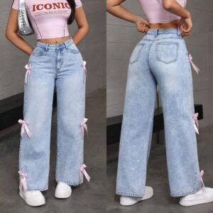 Bowknot Collage Washed Jeans Loose Straight-leg Wide-leg Pants