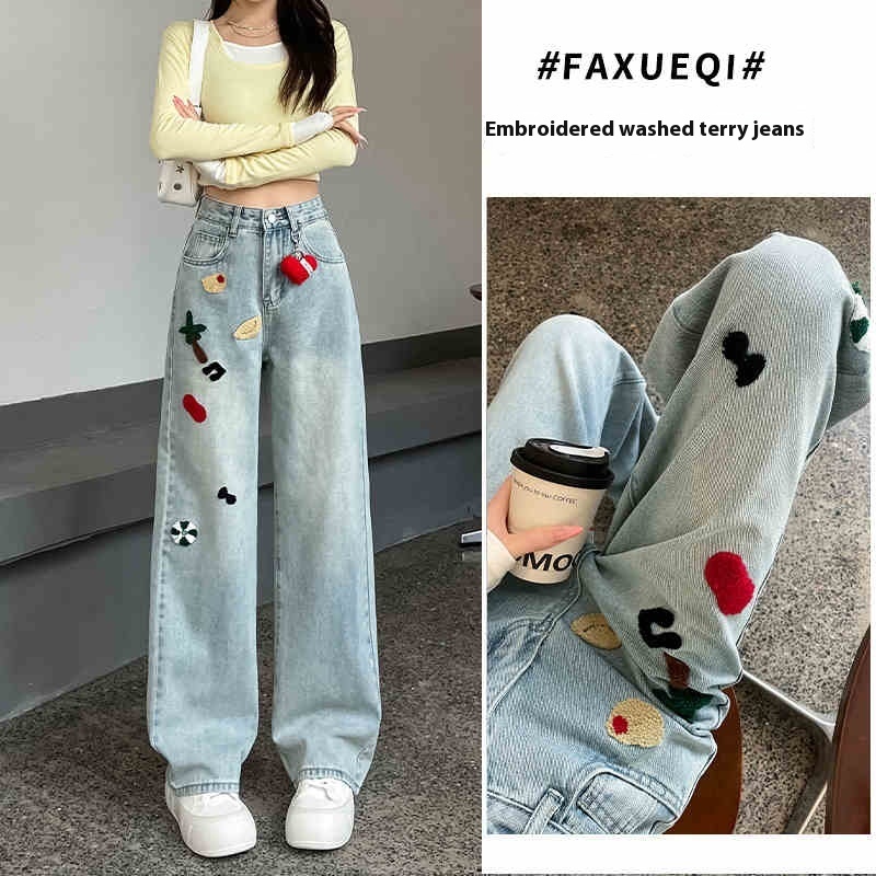 Embroidered Wide-leg Jeans Women's High Waist Straight Mopping Pants - Image 2
