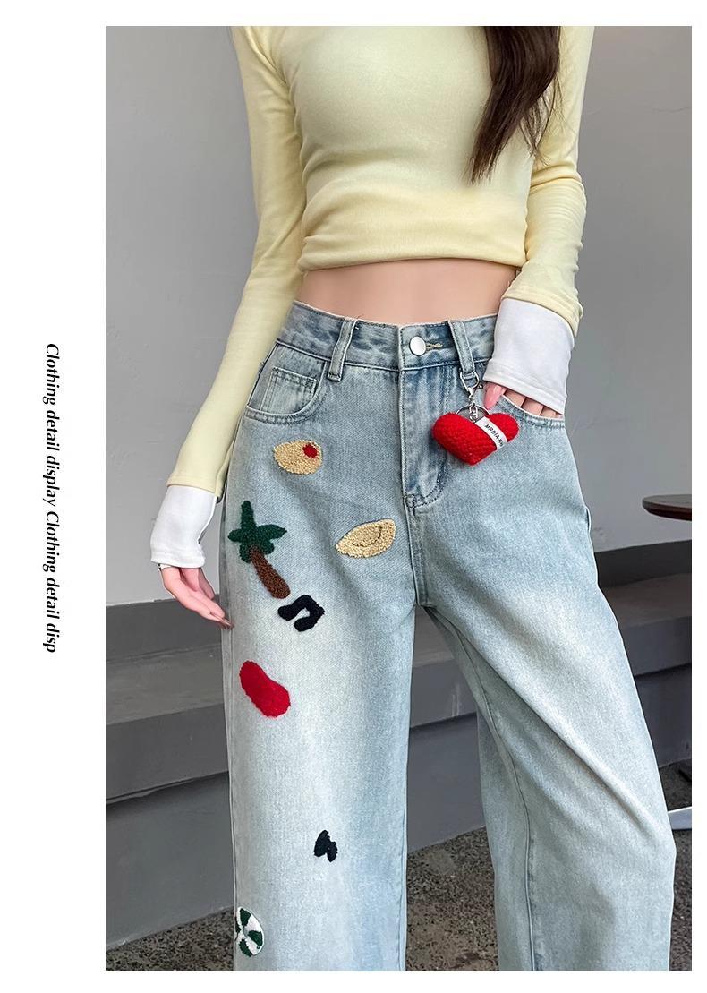 Embroidered Wide-leg Jeans Women's High Waist Straight Mopping Pants - Image 3