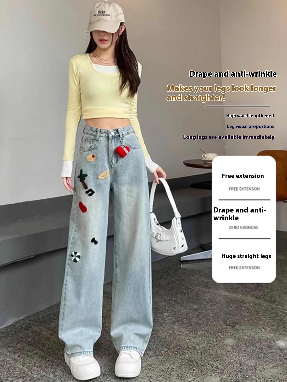Embroidered Wide-leg Jeans Women's High Waist Straight Mopping Pants - Image 5