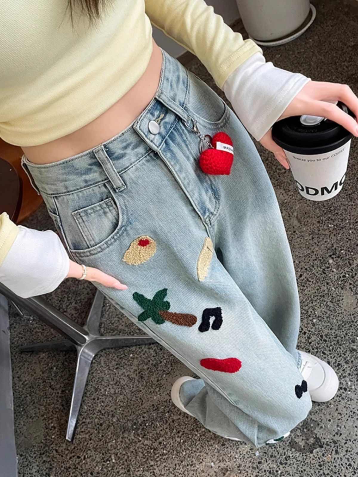 Embroidered Wide-leg Jeans Women's High Waist Straight Mopping Pants - Image 6