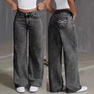 Embroidered Jeans High Waist Straight Loose Casual Trousers Women