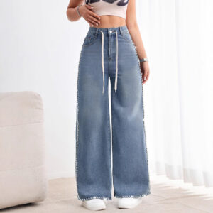 Retro Wide Leg Washed Beaded Drawstring High Waist Jeans
