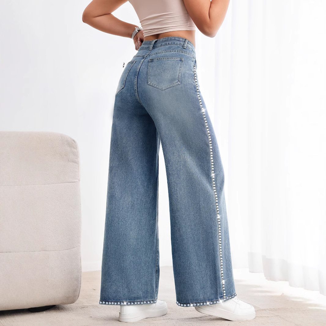 Retro Wide Leg Washed Beaded Drawstring High Waist Jeans - Image 2