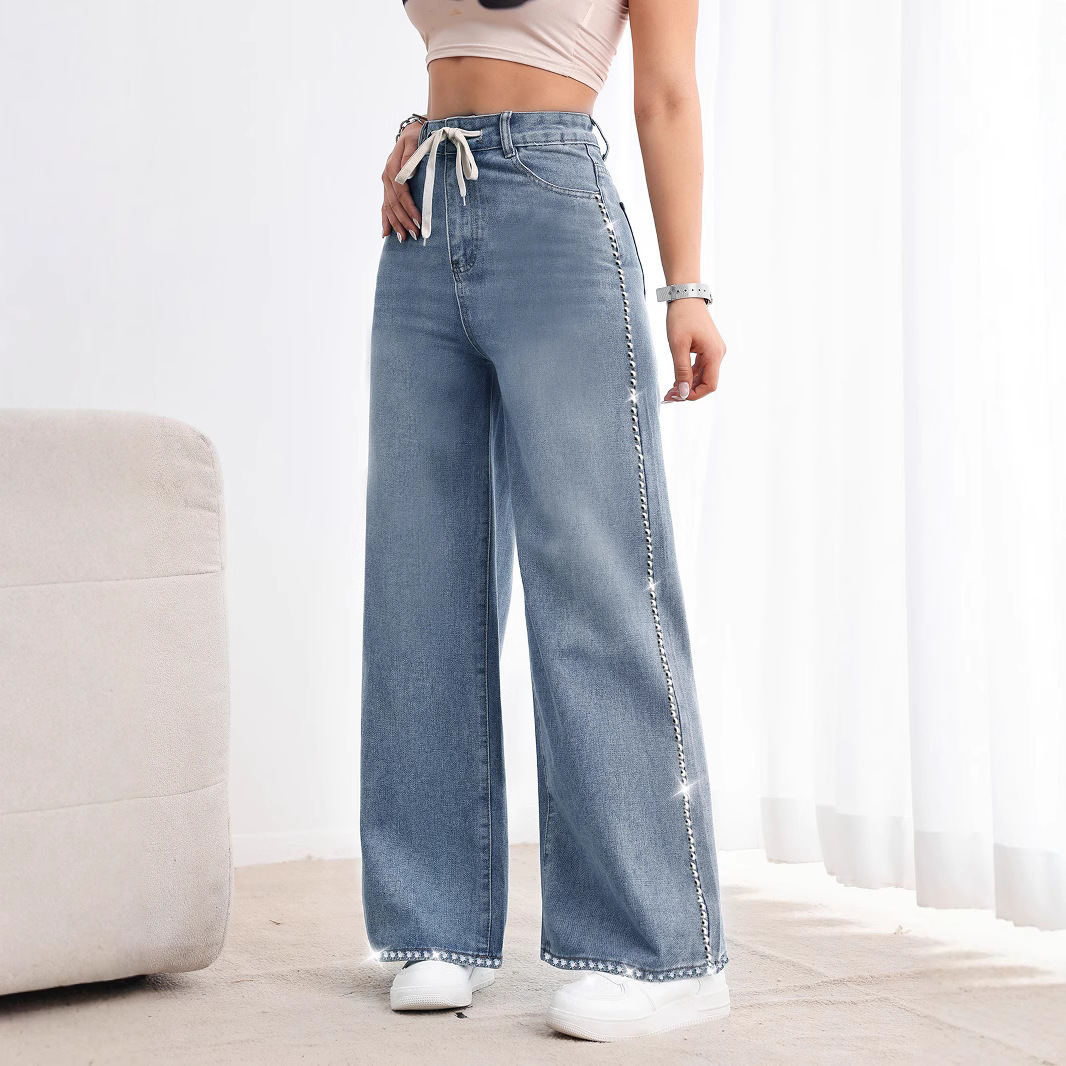 Retro Wide Leg Washed Beaded Drawstring High Waist Jeans - Image 3