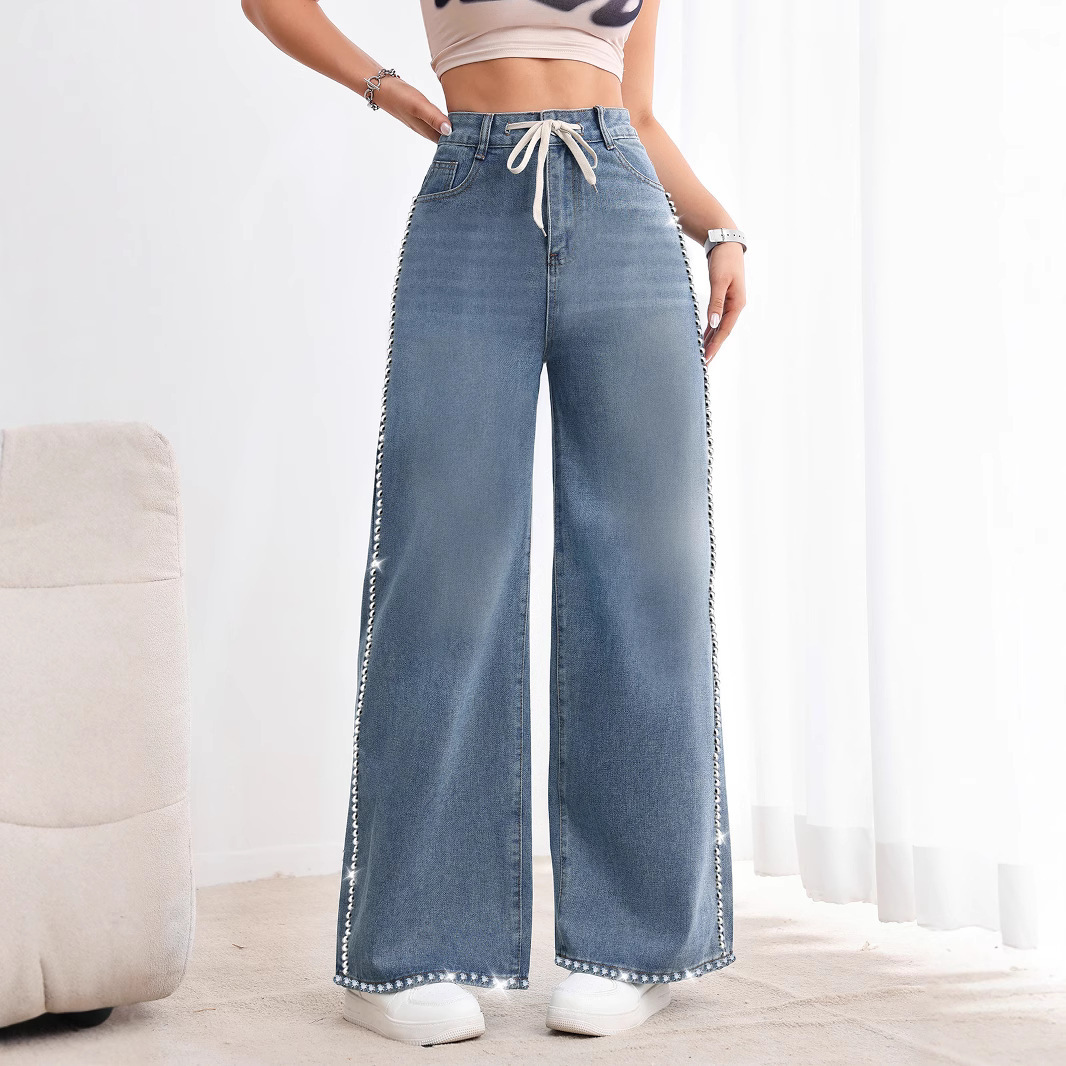 Retro Wide Leg Washed Beaded Drawstring High Waist Jeans - Image 4