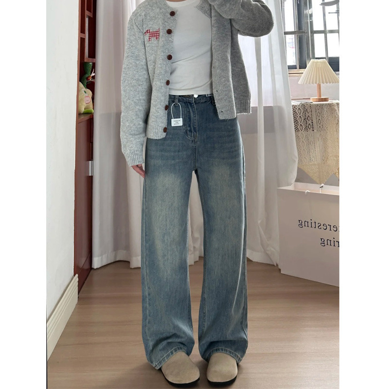 Retro Blue Wide Leg Jeans Women's Spring And Autumn High Waist Loose - Image 3