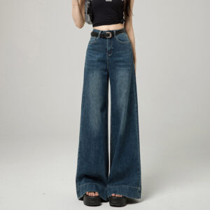 Dark Blue Narrow Version Korean Simple High Waist Loose Small Mop Wide Leg Pants