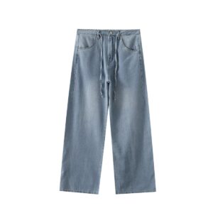 Summer Women's All-match Leisure Washed-out Lace-up Draping Mid-waist Straight Jeans