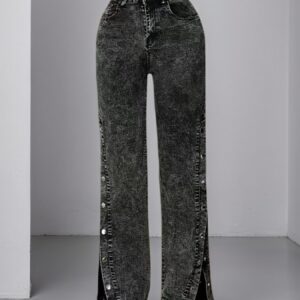 High Waisted Slightly Flared Jeans With Side Buckles, Classic Graphite Color, Comfortable Fit, Essential For Going Out.