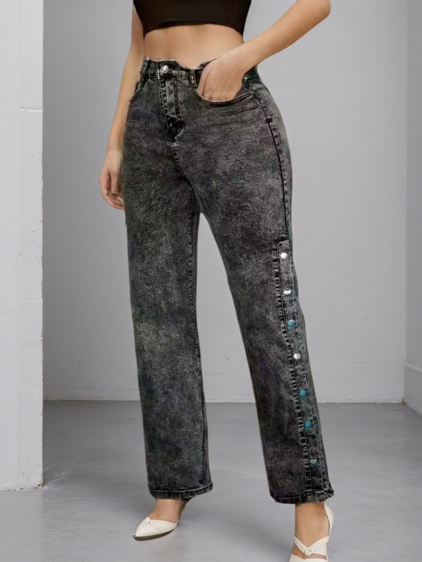 High Waisted Slightly Flared Jeans With Side Buckles, Classic Graphite Color, Comfortable Fit, Essential For Going Out. - Image 2
