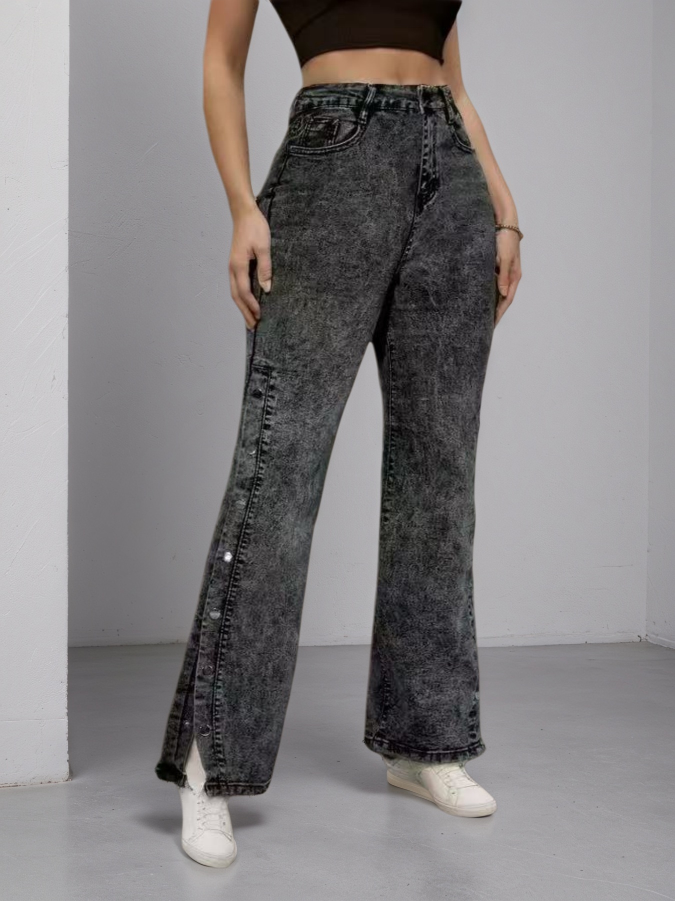 High Waisted Slightly Flared Jeans With Side Buckles, Classic Graphite Color, Comfortable Fit, Essential For Going Out. - Image 4