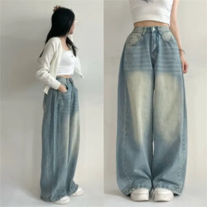 Washed Blue Wide-leg Jeans High Waist Loose Straight Long Pants