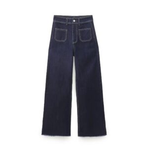 Navy Tuyere Pocket Decoration Loose Straight High Waist Jeans