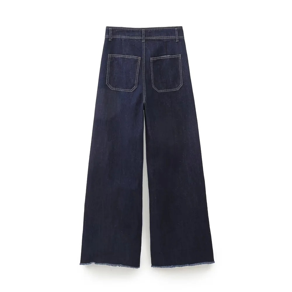 Navy Tuyere Pocket Decoration Loose Straight High Waist Jeans - Image 2