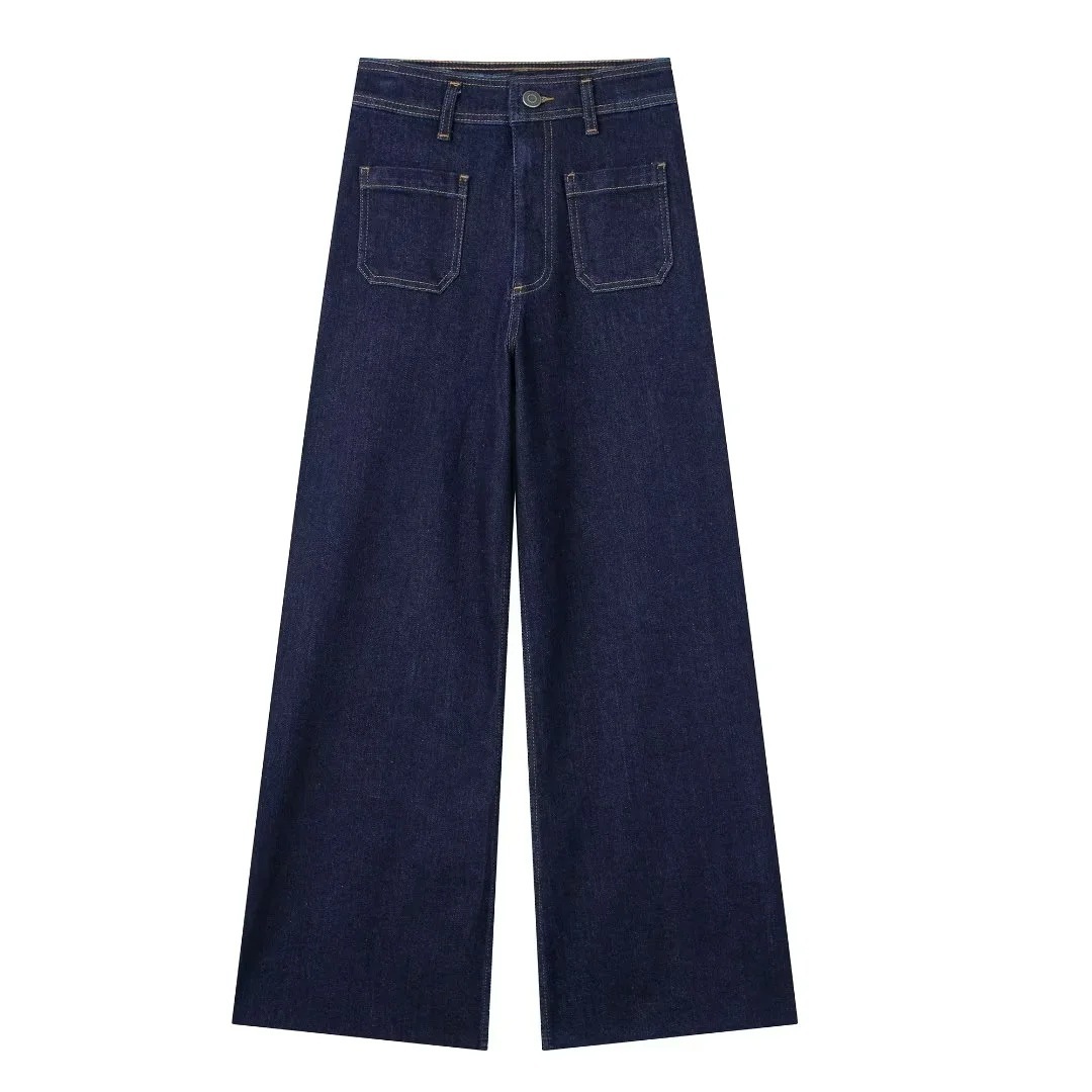 Navy Tuyere Pocket Decoration Loose Straight High Waist Jeans - Image 5