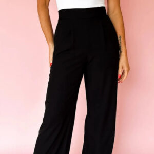 Black Pleated Detail Pull On High Elastic Waist Loose Straight Pants
