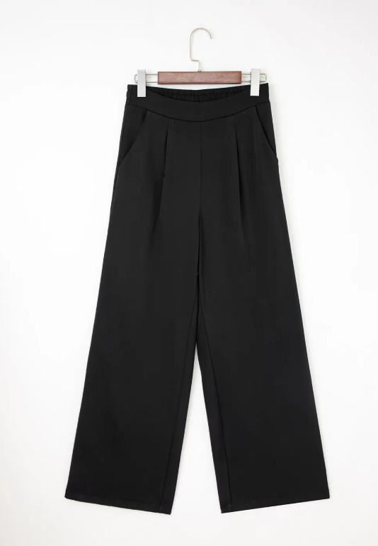 Black Pleated Detail Pull On High Elastic Waist Loose Straight Pants - Image 2