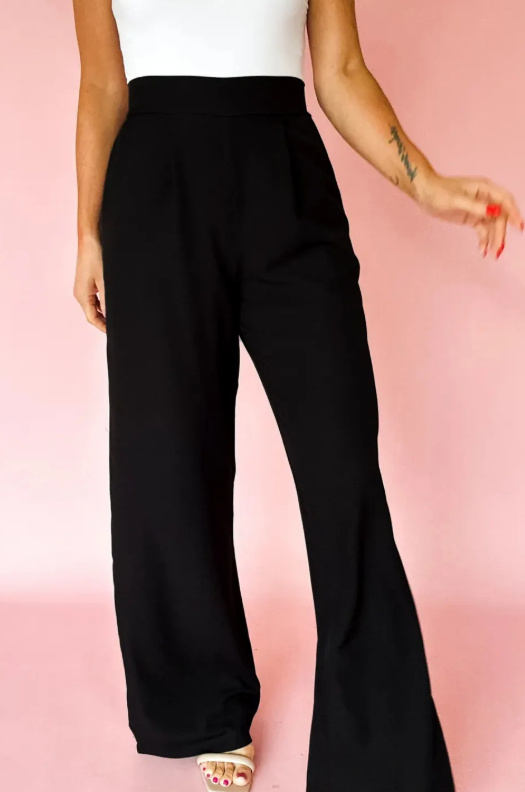 Black Pleated Detail Pull On High Elastic Waist Loose Straight Pants - Image 3
