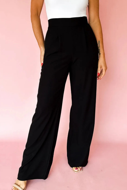 Black Pleated Detail Pull On High Elastic Waist Loose Straight Pants - Image 4