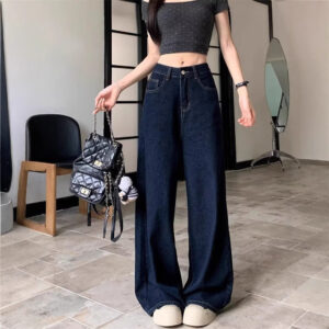 Dark Blue Dad Waist Slimming Wide-leg Pants For Outerwear
